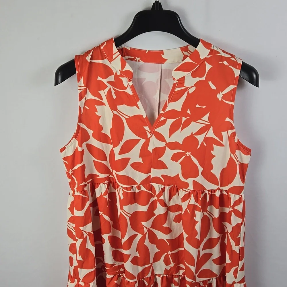 Shein Orange & White Floral Print Sleeveless Notch Neckline Ruffled Dress Sz M
